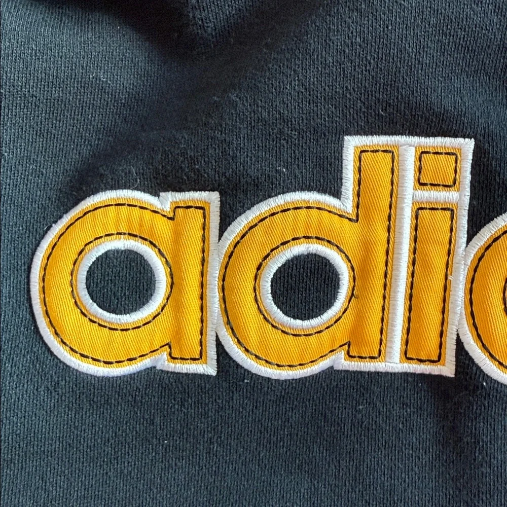 Vintage Y2K Adidas Center Spellout Logo Hoodie Black Yellow Size XL Heavyweight